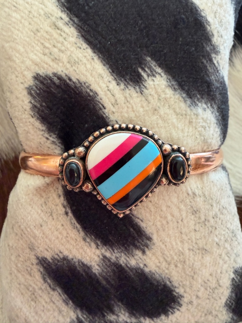 ❤️ Inlaid Southwestern Native Style Copper Cuff Multicolor Stones Black Onyx 21G